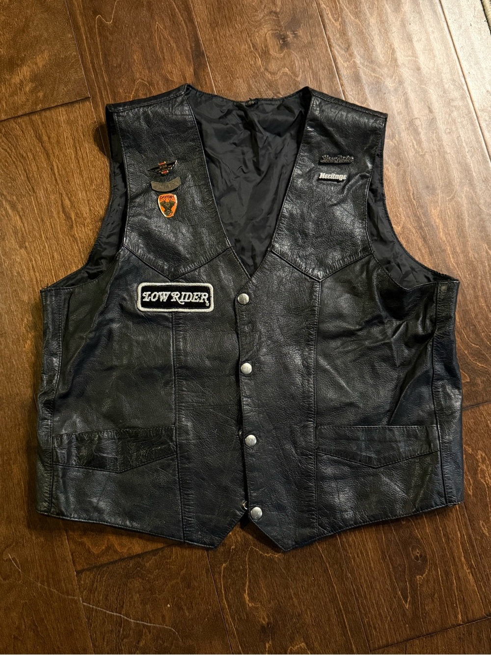 Black Leather Biker Vtg 90s Harley Davidson Leather Vest 44 Large L with Patches